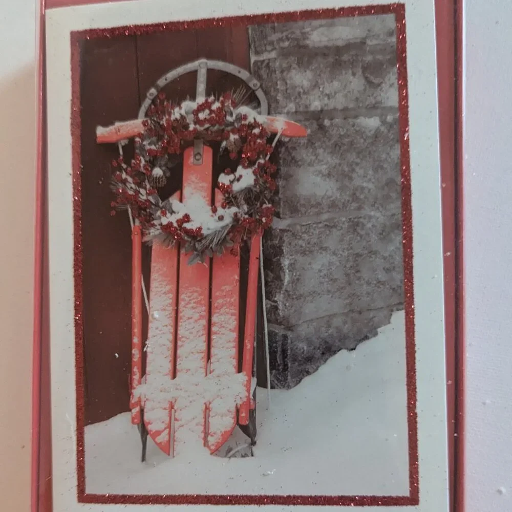 NWT 16 Red Glitter Wreath Sled American Greetings Christmas Cards Sealed Holiday